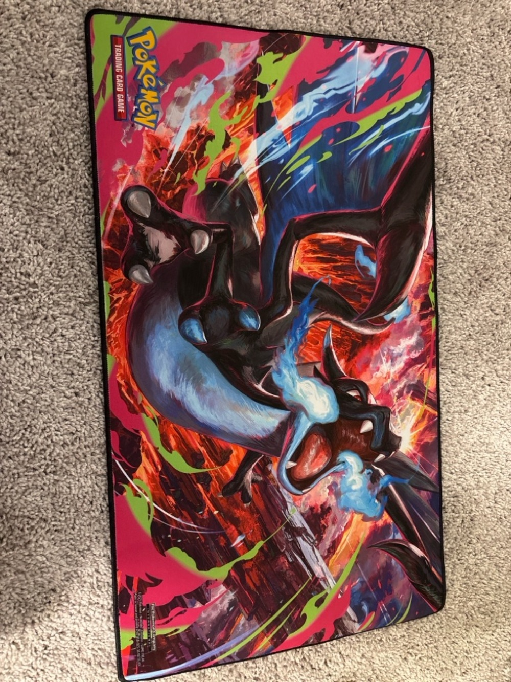 Pokemon Black Charizard Playmat with Pink, Red, Blue and Green Accents